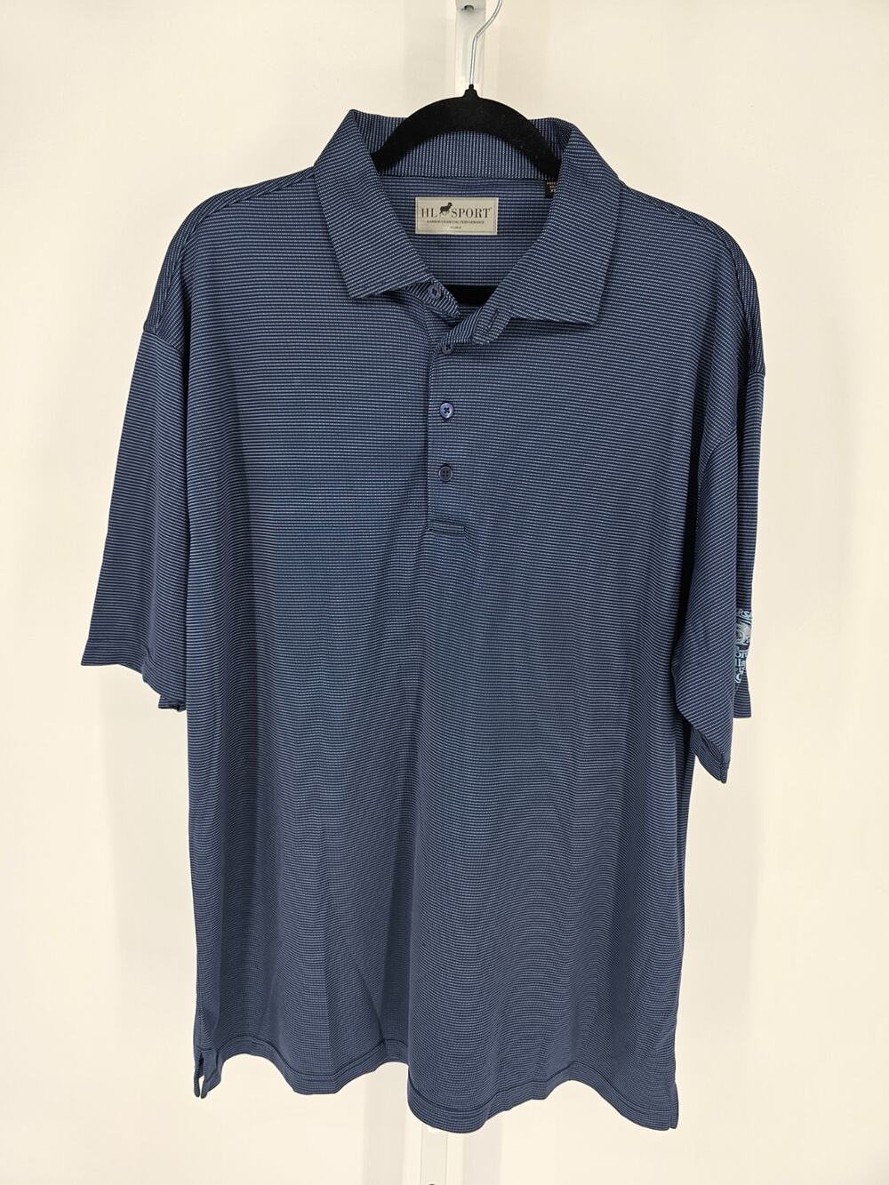 HL Sport Mens Sz XL Short Sleeve Performance Golf Polo Shirt Dark Blue Striped